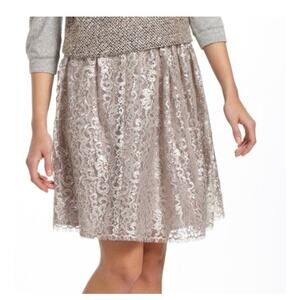 Anthropologie HD in PARIS Champagne Silver Metallic Lace Eyelash Hem Skirt Sz 0